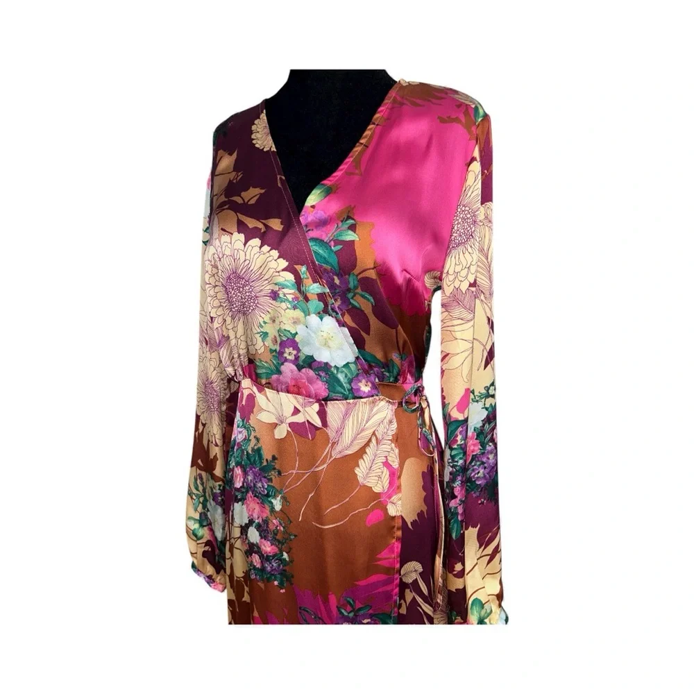Lulus Floral Wrap Maxi Dress – Multicolor Silk Satin Feel (Size S) - Picture 3 of 9